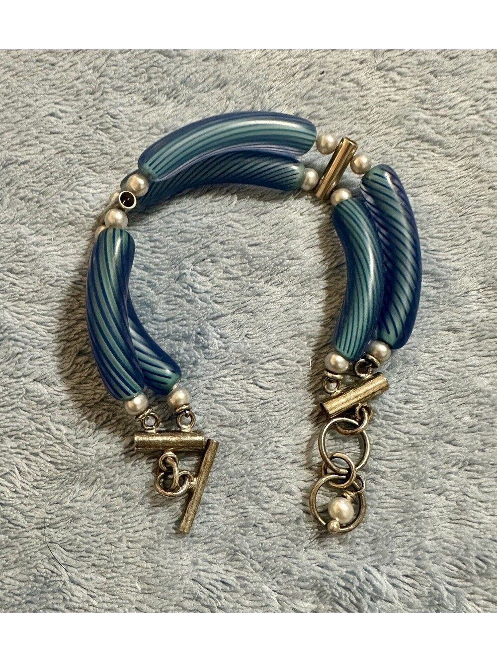 Blue Striped Glass Bead Bracelet Double Strand Curved Beads Toggle Clasp 7.5”